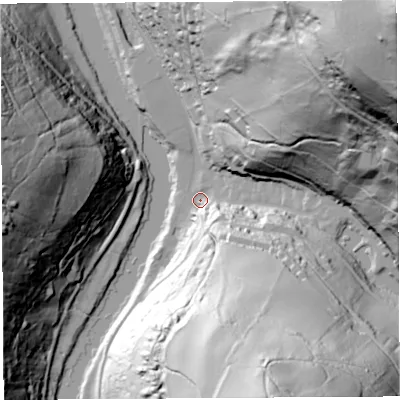 Shaded relief map of the ground around NP254LZ, computed from Environment Agency LiDAR. The ground here sits at about 16 m above sea level and falls 182 m across the surrounding 800 m. Surface water reaching this point runs off ground lying to the south-south-east, 45.3 m higher.