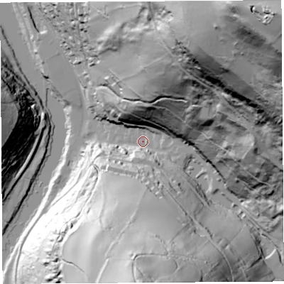 Shaded relief map of the ground around NP254NB, computed from Environment Agency LiDAR. The ground here sits at about 22 m above sea level and falls 194 m across the surrounding 800 m. Surface water reaching this point runs off ground lying to the north-east, 182.2 m higher.