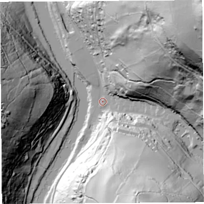 Shaded relief map of the ground around NP254ND, computed from Environment Agency LiDAR. The ground here sits at about 17 m above sea level and falls 182 m across the surrounding 800 m. Surface water reaching this point runs off ground lying to the north-east, 175.9 m higher.