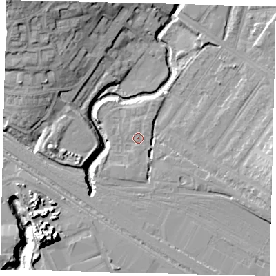 Shaded relief map of the ground around NW100AL, computed from Environment Agency LiDAR. The ground here sits at about 32 m above sea level and falls 22 m across the surrounding 800 m. Surface water reaching this point runs off ground lying to the north-north-west, 0.8 m higher.