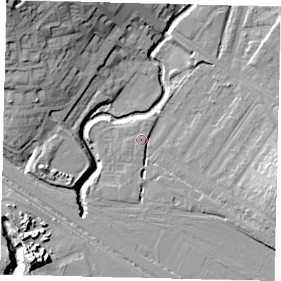 Shaded relief map of the ground around NW100AN, computed from Environment Agency LiDAR. The ground here sits at about 33 m above sea level and falls 25 m across the surrounding 800 m. Surface water reaching this point runs off ground lying to the east-south-east, 9.3 m higher.