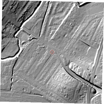 Shaded relief map of the ground around NW100AP, computed from Environment Agency LiDAR. The ground here sits at about 32 m above sea level and falls 18 m across the surrounding 800 m. Surface water reaching this point runs off ground lying to the east-south-east, 12.9 m higher.