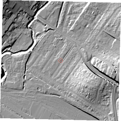 Shaded relief map of the ground around NW100AR, computed from Environment Agency LiDAR. The ground here sits at about 32 m above sea level and falls 17 m across the surrounding 800 m. Surface water reaching this point runs off ground lying to the east-south-east, 12.0 m higher.