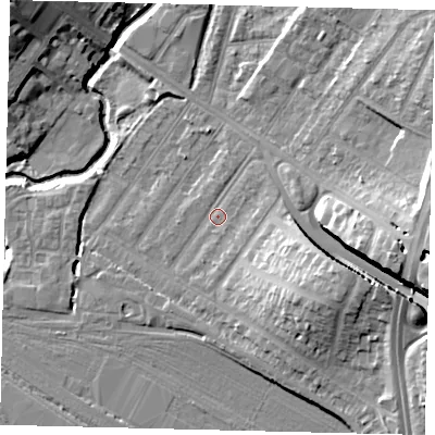 Shaded relief map of the ground around NW100AS, computed from Environment Agency LiDAR. The ground here sits at about 32 m above sea level and falls 17 m across the surrounding 800 m. Surface water reaching this point runs off ground lying to the east-south-east, 12.0 m higher.