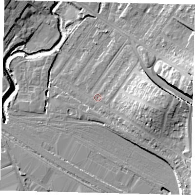 Shaded relief map of the ground around NW100AT, computed from Environment Agency LiDAR. The ground here sits at about 32 m above sea level and falls 17 m across the surrounding 800 m. Surface water reaching this point runs off ground lying to the east, 10.6 m higher.