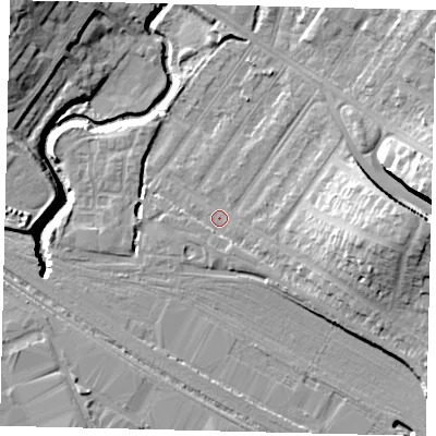 Shaded relief map of the ground around NW100AU, computed from Environment Agency LiDAR. The ground here sits at about 32 m above sea level and falls 16 m across the surrounding 800 m. Surface water reaching this point runs off ground lying to the east, 11.4 m higher.