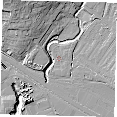 Shaded relief map of the ground around NW100AW, computed from Environment Agency LiDAR. The ground here sits at about 32 m above sea level and falls 22 m across the surrounding 800 m. Surface water reaching this point runs off ground lying to the east-north-east, 1.0 m higher.
