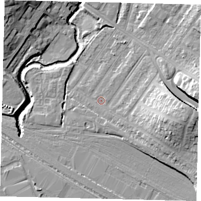 Shaded relief map of the ground around NW100AX, computed from Environment Agency LiDAR. The ground here sits at about 32 m above sea level and falls 16 m across the surrounding 800 m. Surface water reaching this point runs off ground lying to the east, 11.6 m higher.