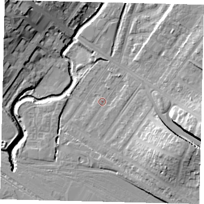 Shaded relief map of the ground around NW100AY, computed from Environment Agency LiDAR. The ground here sits at about 31 m above sea level and falls 20 m across the surrounding 800 m. Surface water reaching this point runs off ground lying to the east-north-east, 1.6 m higher.