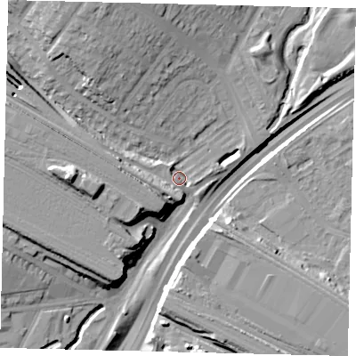 Shaded relief map of the ground around NW100AZ, computed from Environment Agency LiDAR. The ground here sits at about 25 m above sea level and falls 23 m across the surrounding 800 m. Surface water reaching this point runs off ground lying to the north-north-west, 16.1 m higher.