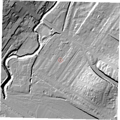 Shaded relief map of the ground around NW100BA, computed from Environment Agency LiDAR. The ground here sits at about 31 m above sea level and falls 18 m across the surrounding 800 m. Surface water reaching this point runs off ground lying to the north-east, 1.5 m higher.