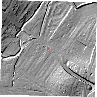 Shaded relief map of the ground around NW100BB, computed from Environment Agency LiDAR. The ground here sits at about 32 m above sea level and falls 18 m across the surrounding 800 m. Surface water reaching this point runs off ground lying to the east-south-east, 1.0 m higher.