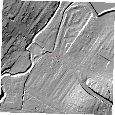 Shaded relief map of the ground around NW100BD, computed from Environment Agency LiDAR. The ground here sits at about 32 m above sea level and falls 20 m across the surrounding 800 m. Surface water reaching this point runs off ground lying to the south-east, 12.7 m higher.