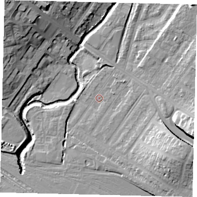 Shaded relief map of the ground around NW100BE, computed from Environment Agency LiDAR. The ground here sits at about 31 m above sea level and falls 22 m across the surrounding 800 m. Surface water reaching this point runs off ground lying to the east, 2.4 m higher.