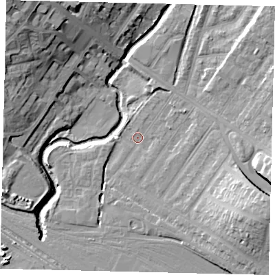 Shaded relief map of the ground around NW100BG, computed from Environment Agency LiDAR. The ground here sits at about 31 m above sea level and falls 23 m across the surrounding 800 m. Surface water reaching this point runs off ground lying to the east-south-east, 12.3 m higher.