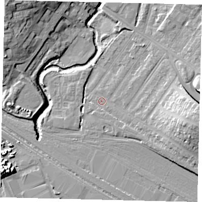 Shaded relief map of the ground around NW100BH, computed from Environment Agency LiDAR. The ground here sits at about 32 m above sea level and falls 18 m across the surrounding 800 m. Surface water reaching this point runs off ground lying to the east, 11.1 m higher.