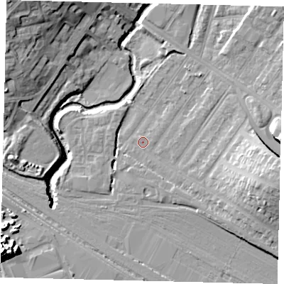 Shaded relief map of the ground around NW100BJ, computed from Environment Agency LiDAR. The ground here sits at about 32 m above sea level and falls 18 m across the surrounding 800 m. Surface water reaching this point runs off ground lying to the east-south-east, 11.2 m higher.