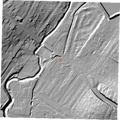 Shaded relief map of the ground around NW100BL, computed from Environment Agency LiDAR. The ground here sits at about 31 m above sea level and falls 22 m across the surrounding 800 m. Surface water reaching this point runs off ground lying to the east-south-east, 2.1 m higher.