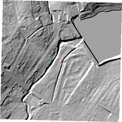 Shaded relief map of the ground around NW100DD, computed from Environment Agency LiDAR. The ground here sits at about 32 m above sea level and falls 18 m across the surrounding 800 m. Surface water reaching this point runs off ground lying to the south-east, 2.4 m higher.