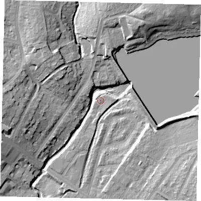 Shaded relief map of the ground around NW100DF, computed from Environment Agency LiDAR. The ground here sits at about 32 m above sea level and falls 18 m across the surrounding 800 m. Surface water reaching this point runs off ground lying to the east-south-east, 1.2 m higher.