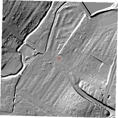 Shaded relief map of the ground around NW100DG, computed from Environment Agency LiDAR. The ground here sits at about 32 m above sea level and falls 18 m across the surrounding 800 m. Surface water reaching this point runs off ground lying to the south-east, 12.8 m higher.