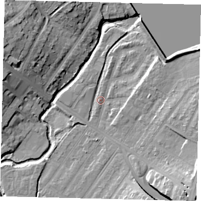 Shaded relief map of the ground around NW100DJ, computed from Environment Agency LiDAR. The ground here sits at about 32 m above sea level and falls 19 m across the surrounding 800 m. Surface water reaching this point runs off ground lying to the east-north-east, 8.4 m higher.