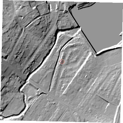 Shaded relief map of the ground around NW100DL, computed from Environment Agency LiDAR. The ground here sits at about 33 m above sea level and falls 18 m across the surrounding 800 m. Surface water reaching this point runs off ground lying to the west, 2.4 m higher.