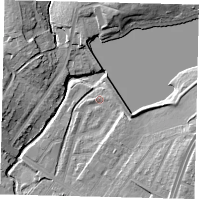 Shaded relief map of the ground around NW100DP, computed from Environment Agency LiDAR. The ground here sits at about 33 m above sea level and falls 18 m across the surrounding 800 m. Surface water reaching this point runs off ground lying to the east-south-east, 7.7 m higher.