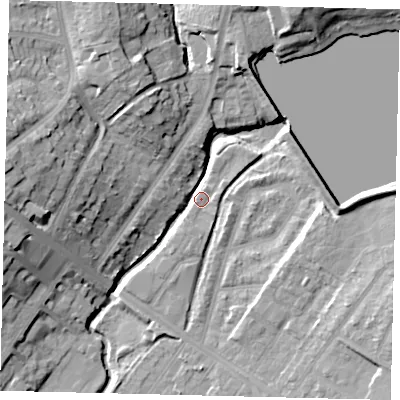 Shaded relief map of the ground around NW100DQ, computed from Environment Agency LiDAR. The ground here sits at about 32 m above sea level and falls 20 m across the surrounding 800 m. Surface water reaching this point runs off ground lying to the west-north-west, 18.8 m higher.