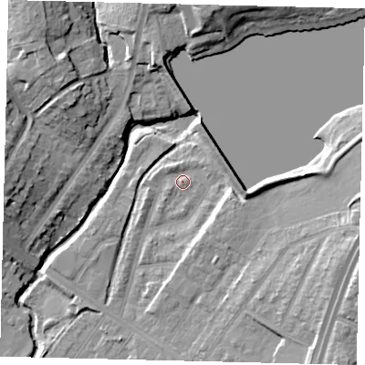 Shaded relief map of the ground around NW100DR, computed from Environment Agency LiDAR. The ground here sits at about 33 m above sea level and falls 18 m across the surrounding 800 m. Surface water reaching this point runs off ground lying to the east, 7.7 m higher.