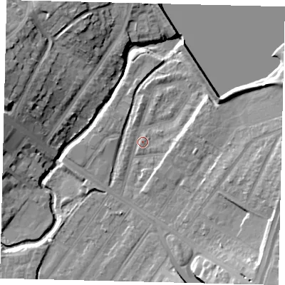 Shaded relief map of the ground around NW100DU, computed from Environment Agency LiDAR. The ground here sits at about 32 m above sea level and falls 17 m across the surrounding 800 m. Surface water reaching this point runs off ground lying to the east-north-east, 8.4 m higher.