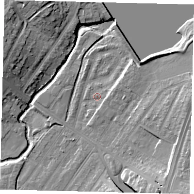 Shaded relief map of the ground around NW100DX, computed from Environment Agency LiDAR. The ground here sits at about 33 m above sea level and falls 18 m across the surrounding 800 m. Surface water reaching this point runs off ground lying to the east, 2.8 m higher.