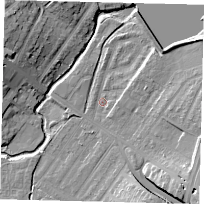 Shaded relief map of the ground around NW100DY, computed from Environment Agency LiDAR. The ground here sits at about 32 m above sea level and falls 18 m across the surrounding 800 m. Surface water reaching this point runs off ground lying to the north-east, 8.4 m higher.