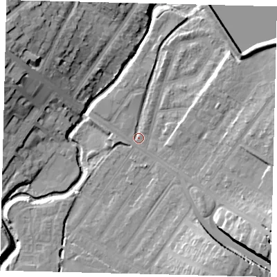 Shaded relief map of the ground around NW100EA, computed from Environment Agency LiDAR. The ground here sits at about 32 m above sea level and falls 20 m across the surrounding 800 m. Surface water reaching this point runs off ground lying to the south-east, 11.7 m higher.