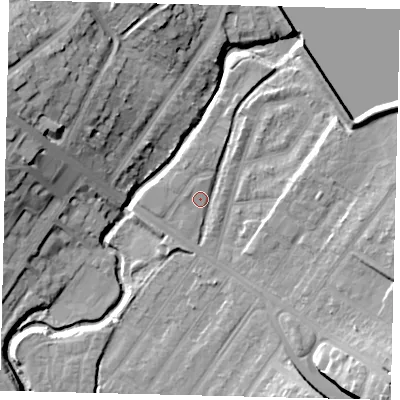 Shaded relief map of the ground around NW100EB, computed from Environment Agency LiDAR. The ground here sits at about 32 m above sea level and falls 21 m across the surrounding 800 m. Surface water reaching this point runs off ground lying to the north-east, 1.9 m higher.