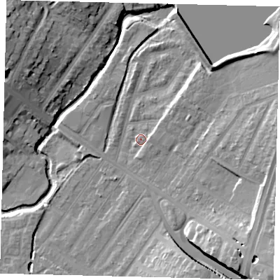 Shaded relief map of the ground around NW100EF, computed from Environment Agency LiDAR. The ground here sits at about 33 m above sea level and falls 18 m across the surrounding 800 m. Surface water reaching this point runs off ground lying to the east-south-east, 2.5 m higher.