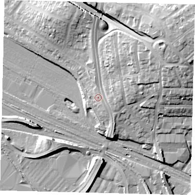 Shaded relief map of the ground around NW100HY, computed from Environment Agency LiDAR. The ground here sits at about 38 m above sea level and falls 22 m across the surrounding 800 m. Surface water reaching this point runs off ground lying to the south-east, 1.5 m higher.