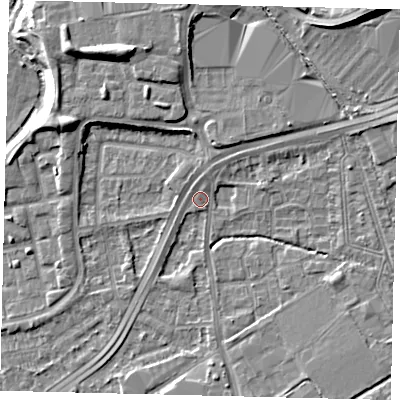 Shaded relief map of the ground around NW100JU, computed from Environment Agency LiDAR. The ground here sits at about 30 m above sea level and falls 13 m across the surrounding 800 m. Surface water reaching this point runs off ground lying to the north-north-east, 1.3 m higher.