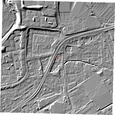 Shaded relief map of the ground around NW100JX, computed from Environment Agency LiDAR. The ground here sits at about 29 m above sea level and falls 10 m across the surrounding 800 m. Surface water reaching this point runs off ground lying to the north-north-east, 2.1 m higher.