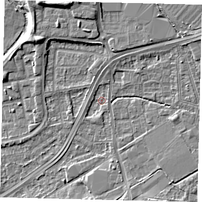 Shaded relief map of the ground around NW100JY, computed from Environment Agency LiDAR. The ground here sits at about 29 m above sea level and falls 10 m across the surrounding 800 m. Surface water reaching this point runs off ground lying to the north, 2.1 m higher.