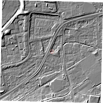 Shaded relief map of the ground around NW100LA, computed from Environment Agency LiDAR. The ground here sits at about 29 m above sea level and falls 11 m across the surrounding 800 m. Surface water reaching this point runs off ground lying to the north-north-east, 2.1 m higher.