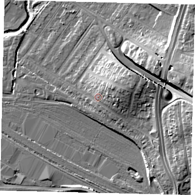 Shaded relief map of the ground around NW100LL, computed from Environment Agency LiDAR. The ground here sits at about 36 m above sea level and falls 19 m across the surrounding 800 m. Surface water reaching this point runs off ground lying to the east-north-east, 7.5 m higher.