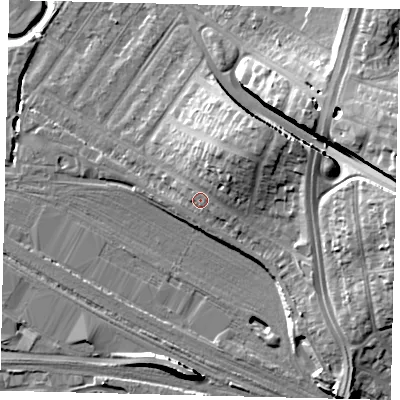 Shaded relief map of the ground around NW100LN, computed from Environment Agency LiDAR. The ground here sits at about 36 m above sea level and falls 20 m across the surrounding 800 m. Surface water reaching this point runs off ground lying to the north-east, 6.1 m higher.