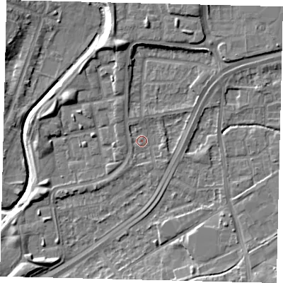 Shaded relief map of the ground around NW100PD, computed from Environment Agency LiDAR. The ground here sits at about 28 m above sea level and falls 11 m across the surrounding 800 m. Surface water reaching this point runs off ground lying to the east-north-east, 1.8 m higher.
