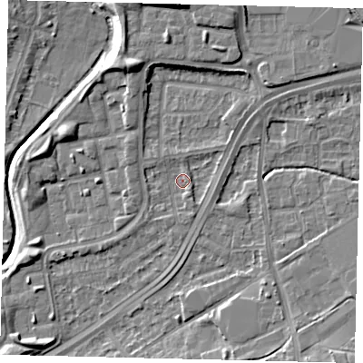 Shaded relief map of the ground around NW100PE, computed from Environment Agency LiDAR. The ground here sits at about 28 m above sea level and falls 11 m across the surrounding 800 m. Surface water reaching this point runs off ground lying to the north-east, 1.8 m higher.