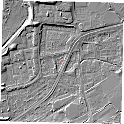 Shaded relief map of the ground around NW100PH, computed from Environment Agency LiDAR. The ground here sits at about 29 m above sea level and falls 11 m across the surrounding 800 m. Surface water reaching this point runs off ground lying to the north-east, 3.8 m higher.
