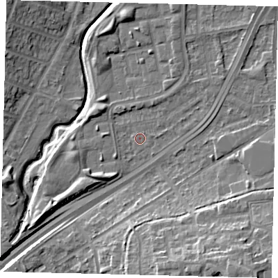 Shaded relief map of the ground around NW100PL, computed from Environment Agency LiDAR. The ground here sits at about 27 m above sea level and falls 20 m across the surrounding 800 m. Surface water reaching this point runs off ground lying to the north-east, 3.3 m higher.