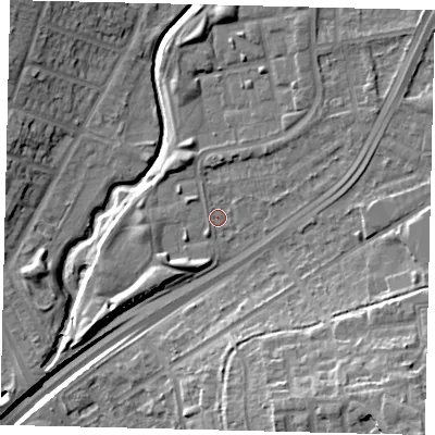 Shaded relief map of the ground around NW100PP, computed from Environment Agency LiDAR. The ground here sits at about 27 m above sea level and falls 20 m across the surrounding 800 m. Surface water reaching this point runs off ground lying to the north-east, 3.4 m higher.