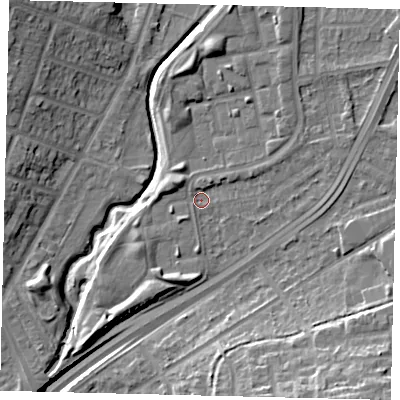 Shaded relief map of the ground around NW100PR, computed from Environment Agency LiDAR. The ground here sits at about 27 m above sea level and falls 19 m across the surrounding 800 m. Surface water reaching this point runs off ground lying to the north-west, 2.5 m higher.