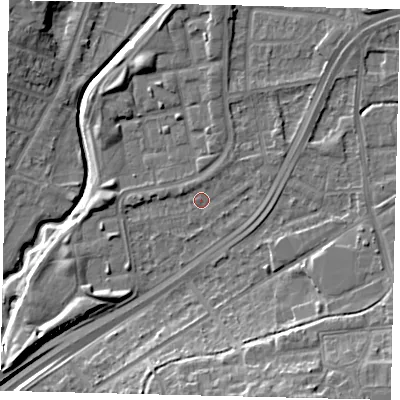 Shaded relief map of the ground around NW100PS, computed from Environment Agency LiDAR. The ground here sits at about 28 m above sea level and falls 16 m across the surrounding 800 m. Surface water reaching this point runs off ground lying to the north-east, 2.6 m higher.